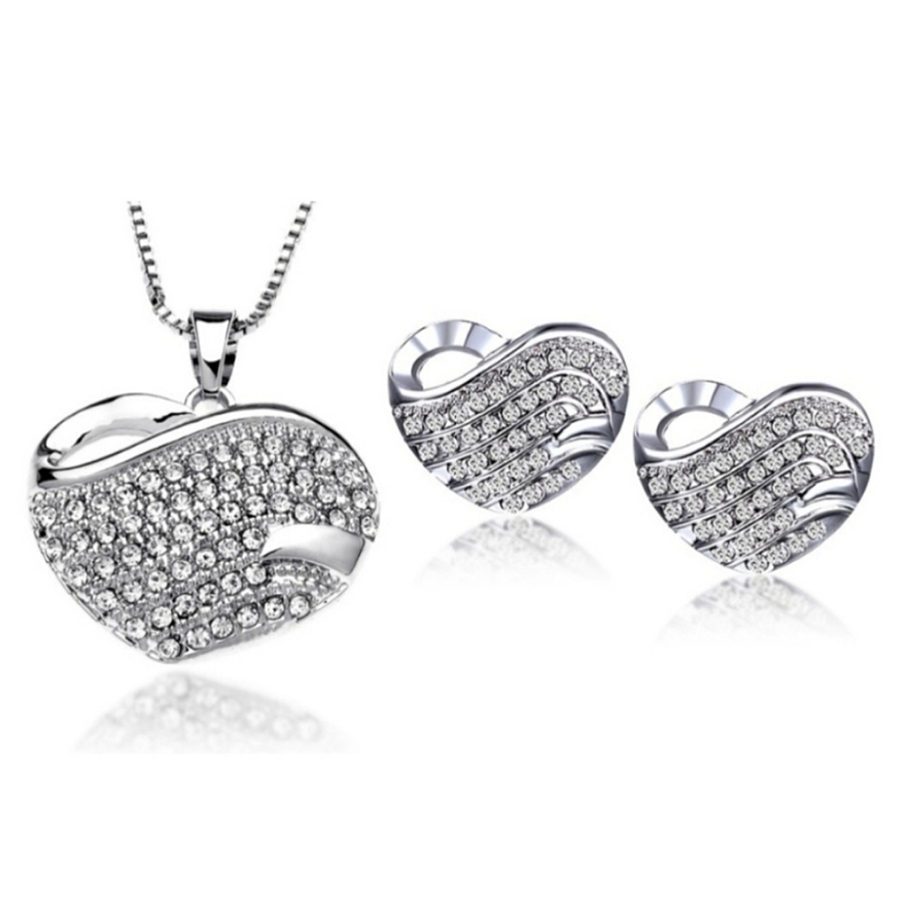 Swarovski Silver Crystal Pave Heart Necklace and Earrings Set